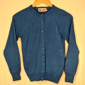 Vintage 60's medium blue wool button front cardigan from Woolmart Oswal